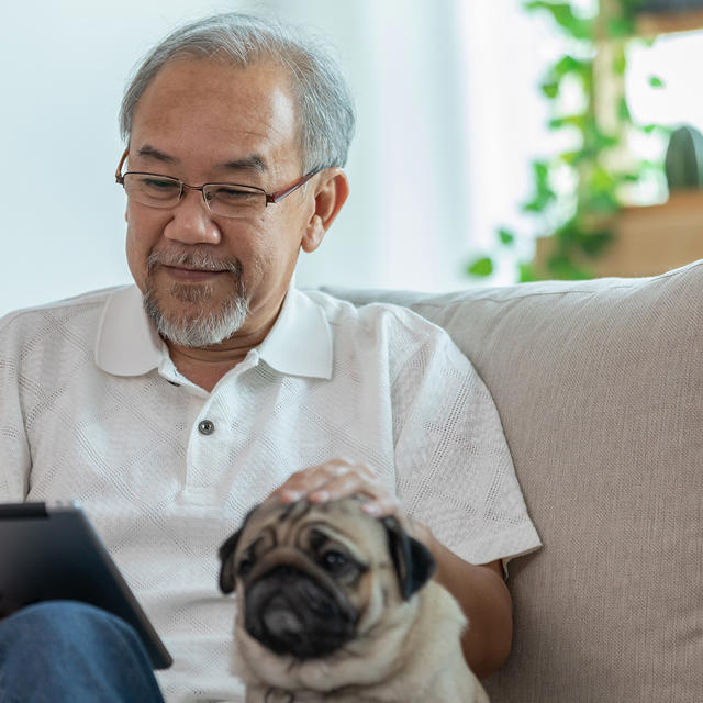 Older Man Sat On The Sofa With His Dog Reading On His Ipad